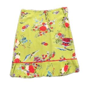 Lucy Love‎ 90's Y2K Green Floral Print Midi Rayon Asian Skirt Waist Ruffle USA